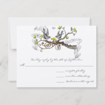 Geel & Grijs Vintage Liefdesvogels Huwelijks RSVP