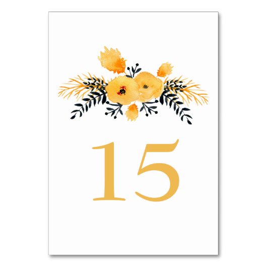 Geel Grijs waterverf Bloemen Trouwtafel Nummer Kaart (Voorkant)