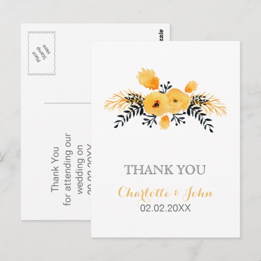 geel grijs waterverf bloemig Dank u wel noten Briefkaart (Voorkant / Achterkant)