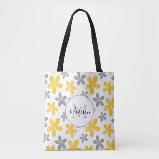 Geel & Grijs Waterverf Bloempatroon Tote Bag (Voorkant)