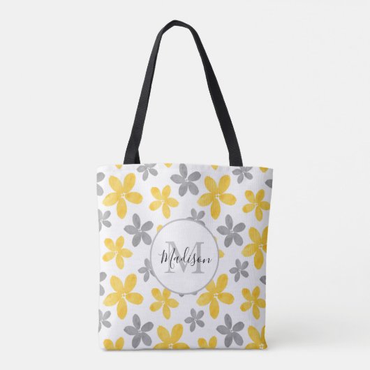 Geel & Grijs Waterverf Bloempatroon Tote Bag (Achterkant)