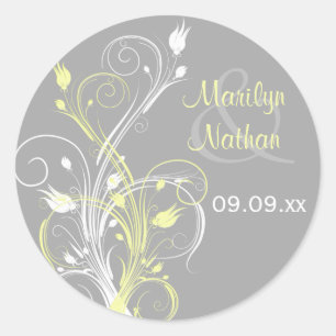 Geel Grijs Wit Bloemen 1,5" Bruiloft Sticker