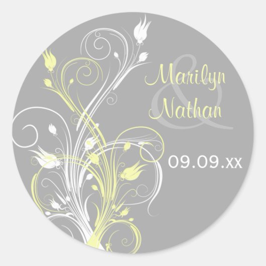 Geel Grijs Wit Bloemen 1,5" Bruiloft Sticker (Voorkant)