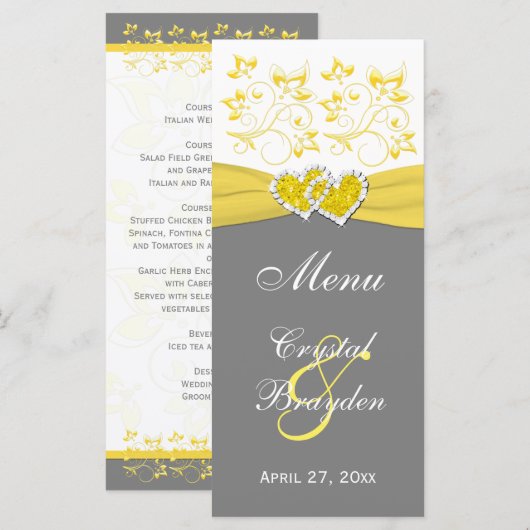 Geel, Grijs, Wit Bloemen Gevoegde harten Menu Kaar (Voorkant / Achterkant)
