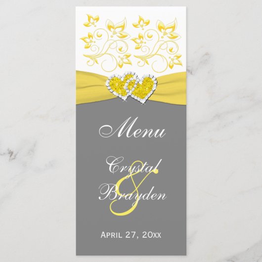 Geel, Grijs, Wit Bloemen Gevoegde harten Menu Kaar (Voorkant)
