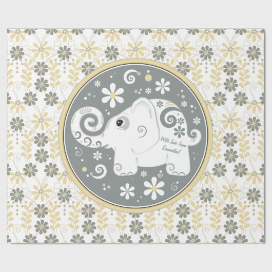 Geel grijs wit fancy olifant bloemen cadeaupapier (Vlak)