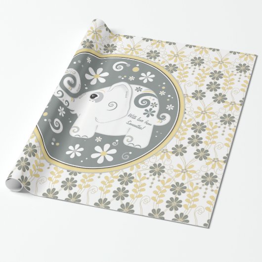 Geel grijs wit fancy olifant bloemen cadeaupapier (Uitgerold)