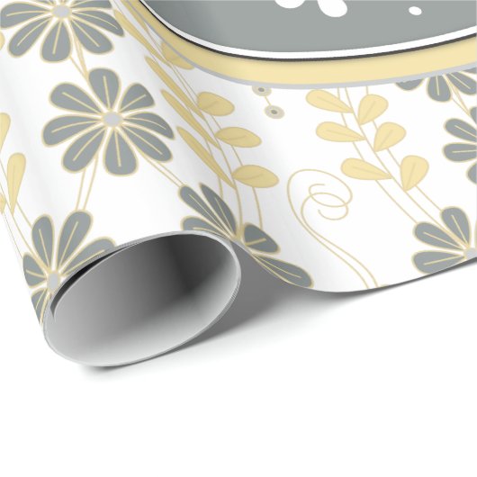 Geel grijs wit fancy olifant bloemen cadeaupapier (Rol Hoek)