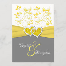 Geel, Grijs, Wit Gevoegde Harten Bruiloft Uitnodig