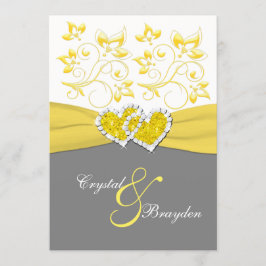 Geel, Grijs, Wit Gevoegde Harten Bruiloft Uitnodig Kaart