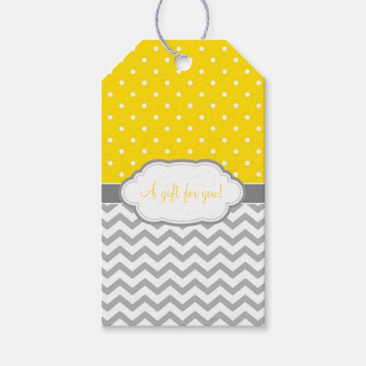 Geel Grijs Wit Polka Dot Chevron Gift Labels Cadeaulabel (Voorkant)