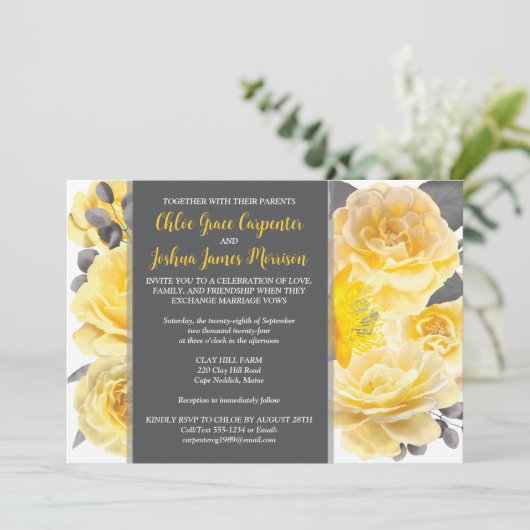Geel, Grijs, Wit Waterverf Bloemen Bruiloft Kaart (Staand voorkant)