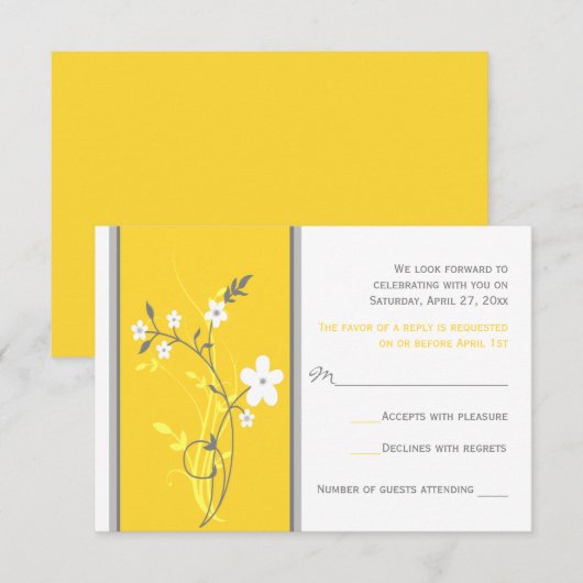 Geel, grijs, witte Floral Wedding RSVP Kaart (Voorkant / Achterkant)