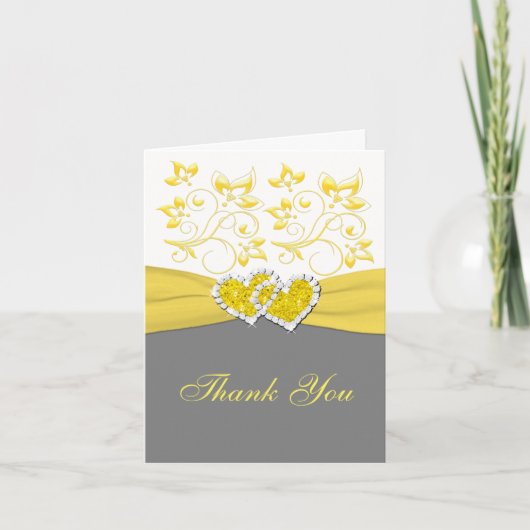 Geel, grijs, witte verstrengelde harten dankkaart bedankkaart (Voorkant)