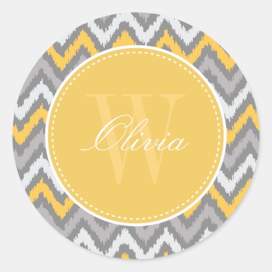 Geel grijs Zigzag Ikat Pattern Monogram Ronde Sticker (Voorkant)