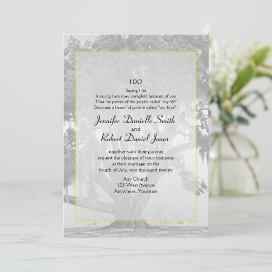 Geel Grijs Zilver Mossy Eiken Bruiloft Kaart (Staand voorkant)