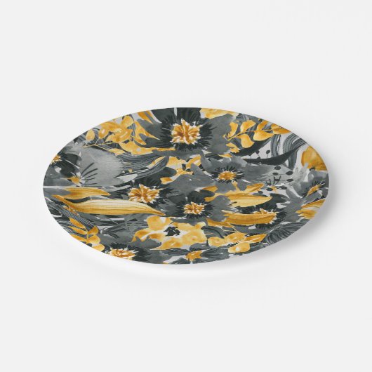 Geel Grijs Zwart Bloemen Waterverf Modern Voor Haa Papieren Bordje (Gekanteld)