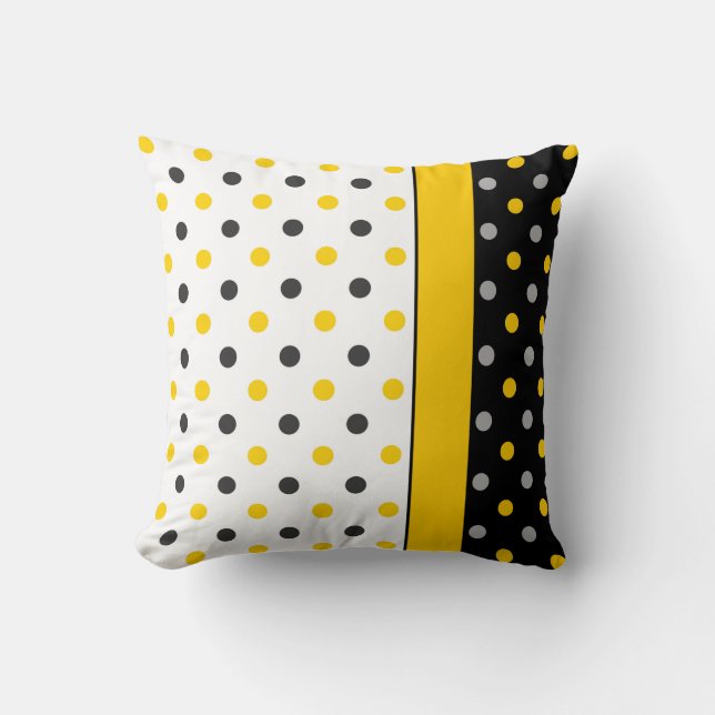 Geel, Grijs, Zwart en Wit Polka Dot Modern Kussen (Voorkant)
