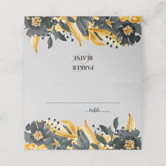 Geel + Grijze bloemen Elegant Waterverf Weddenscha Plaatskaartje (Buitenkant ongevouwen)