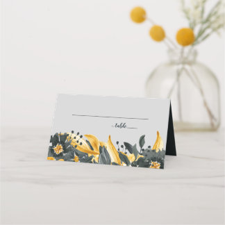 Geel + Grijze bloemen Elegant Waterverf Weddenscha Plaatskaartje