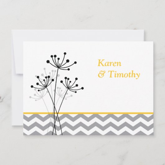 Geel, grijze Floral, Chevron Wedding Invite Kaart (Voorkant)