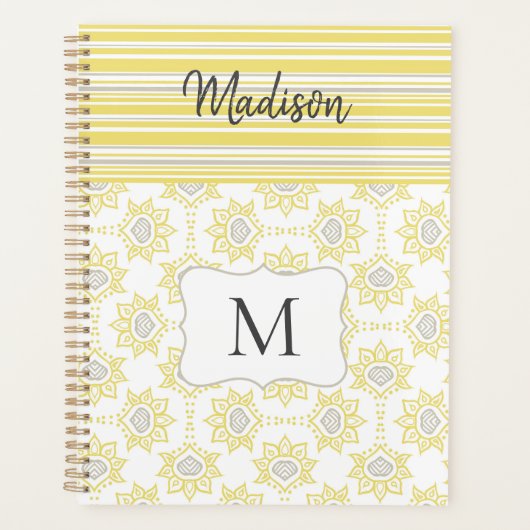 Geel grijze stripes bije rendy monogram planner (Voorkant)