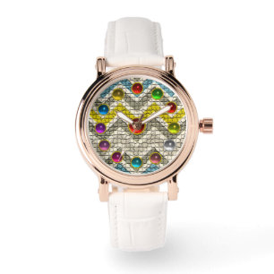 GEEL GRIJZEN WIT-CHEVRONEN EN KLEURSTONEN HORLOGE