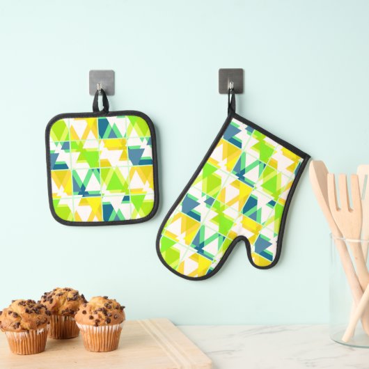 Geel groen abstract ovenwant & pannenlap set (Insitu(Ophanging))