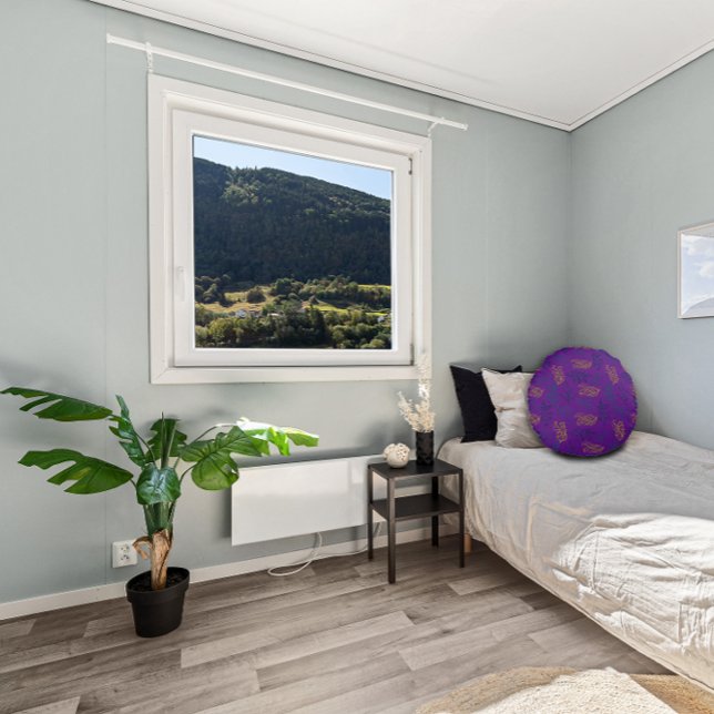 Geel groen blad patroon paarse rond kussen (Creator heeft geüpload)