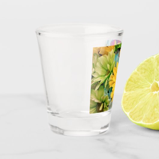 Geel Groen Blauw Roze Daisies - Shot Glas (Links)