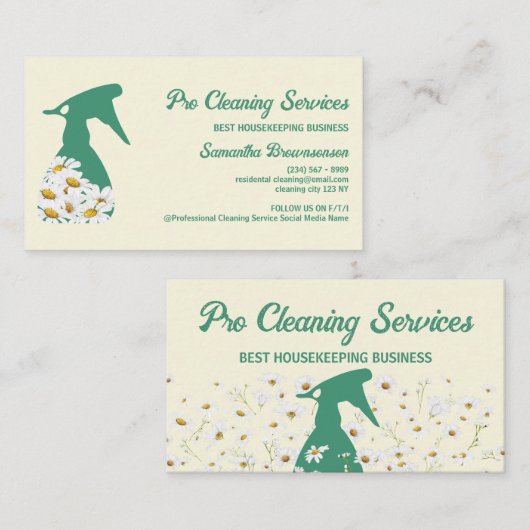 Geel Groen Daisy Spray Fles Schoonmaak Tuinieren Visitekaartje (Voorkant / Achterkant)