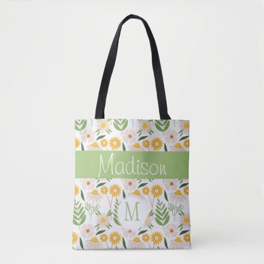 Geel groen Floral Girly Initiaal Monogram Tote Bag (Voorkant)