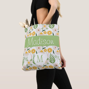 Geel groen Floral Girly Initiaal Monogram Tote Bag