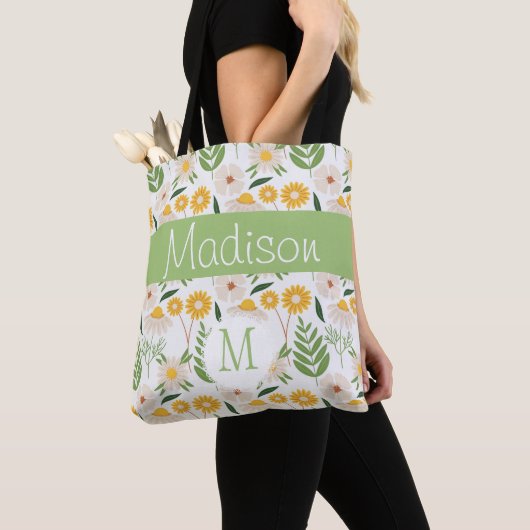 Geel groen Floral Girly Initiaal Monogram Tote Bag (Dichtbij)