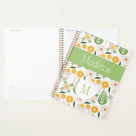 Geel groen Floral Girly Trendy Monogram Planner (Display)