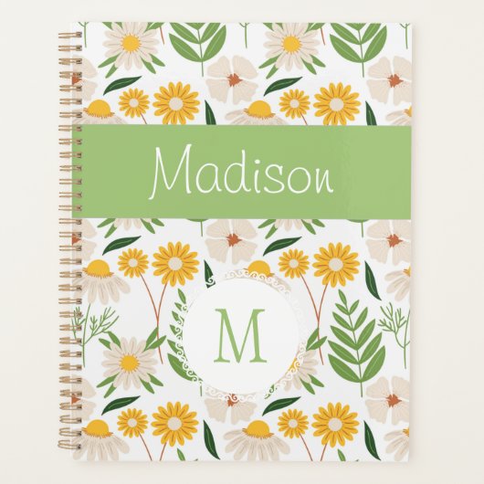 Geel groen Floral Girly Trendy Monogram Planner (Voorkant)