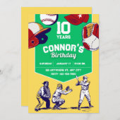 Geel & Groen geïllustreerd honkbal verjaardagsfees Kaart (Voorkant / Achterkant)