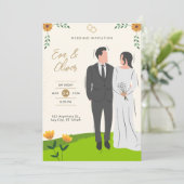 Geel groen geïllustreerde bruiloft uitnodiging (Staand voorkant)