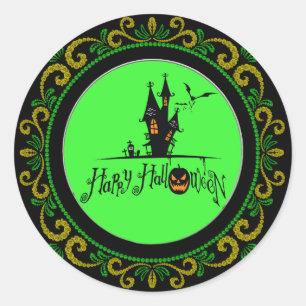 Geel Groen Gelukkig Halloween Haunted House Ronde Sticker