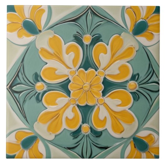 Geel Groen Geometrische Bloemen Mediterraan Tegeltje (Voorkant)