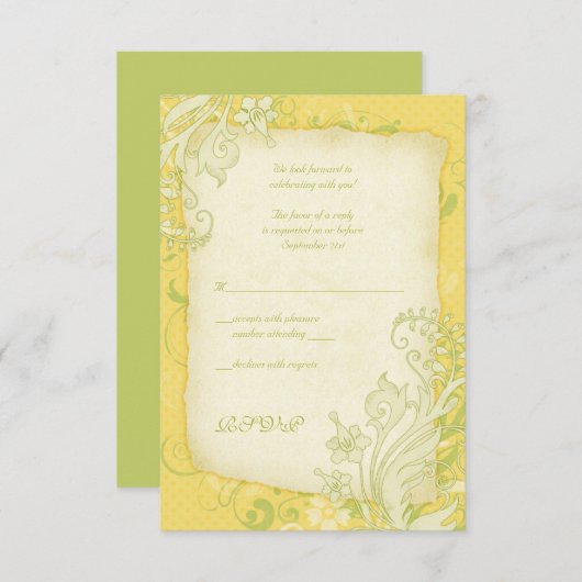 Geel, Groen, Ivoorkleurige Bloemige Huwelijksreact RSVP Kaartje (Voorkant / Achterkant)