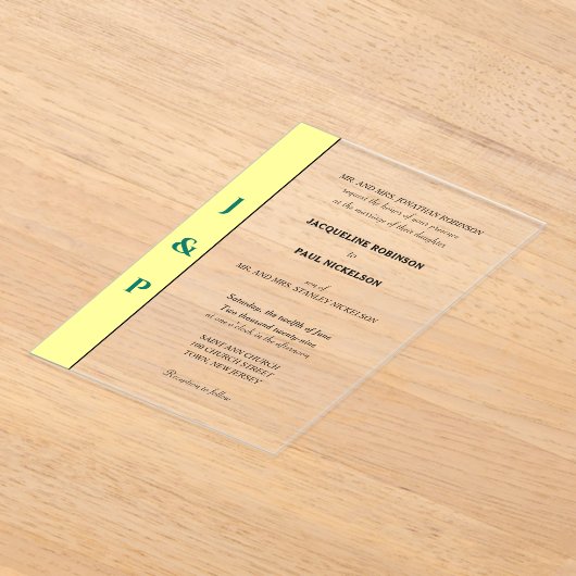 Geel Groen Monogram Bruid en Bruidegom Clear Acryl Uitnodigingen (Laagn)