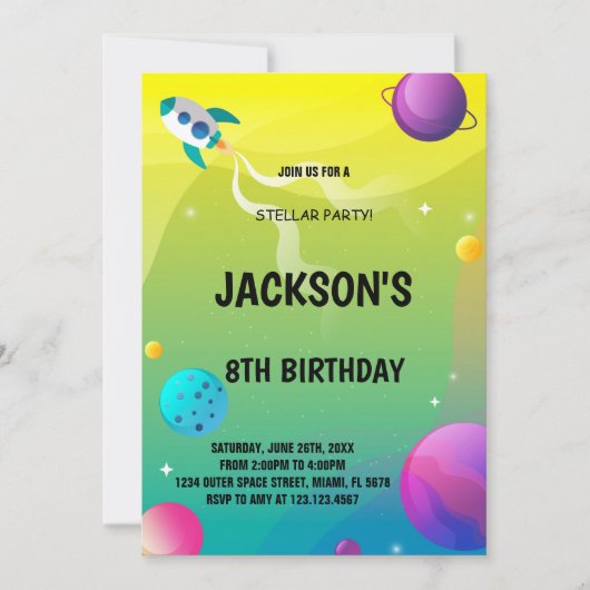Geel & Groen Outer Space Verjaardag Uitnodiging (Voorkant)