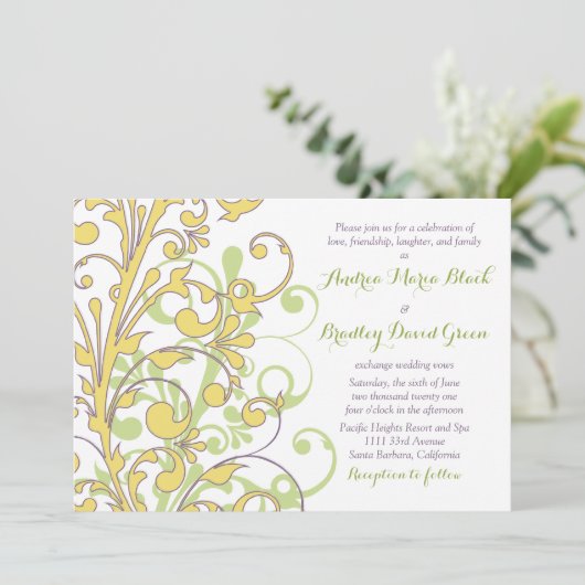 Geel groen Paars Abstract Floral Wedding Kaart (Staand voorkant)