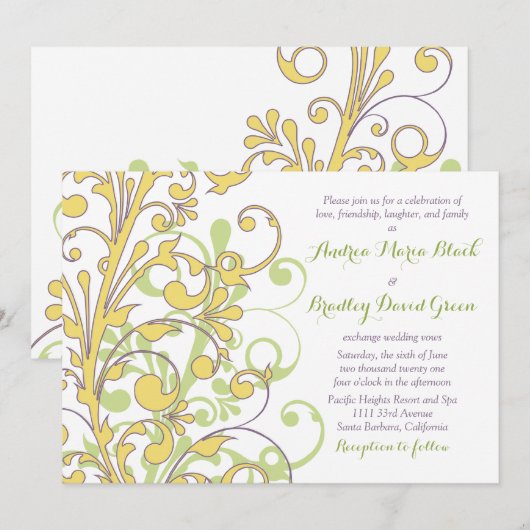 Geel groen Paars Abstract Floral Wedding Kaart (Voorkant / Achterkant)