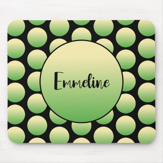 Geel Groen Retro Stippen op Zwart met Script Naam Muismat (Voorkant)