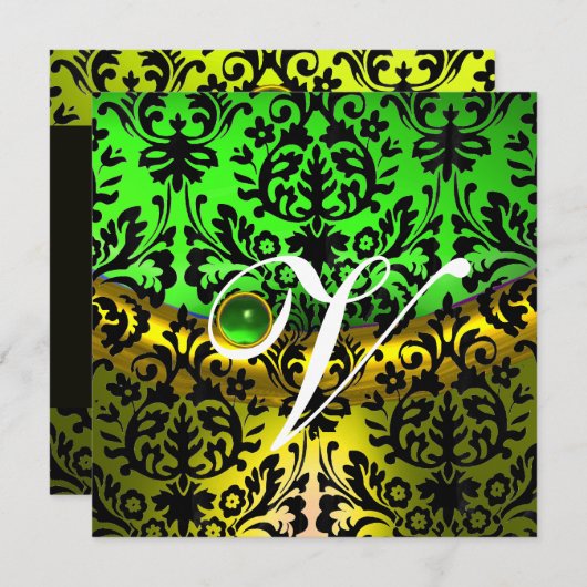 GEEL GROEN SMARAGD ZWART DAMAST MONOGRAM KAART (Voorkant / Achterkant)