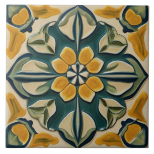 Geel & Groen Symmetrisch Abstract Mediterraan Tegeltje