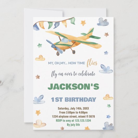 Geel Groen Vliegtuig Verjaardag Uitnodigingen (Voorkant)