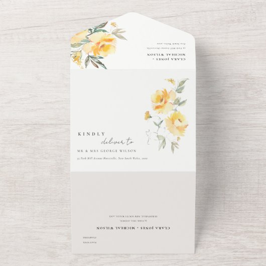 Geel groen Waterverf Roos Vloerbunch bruiloft All In One Uitnodiging (Buitenkant)